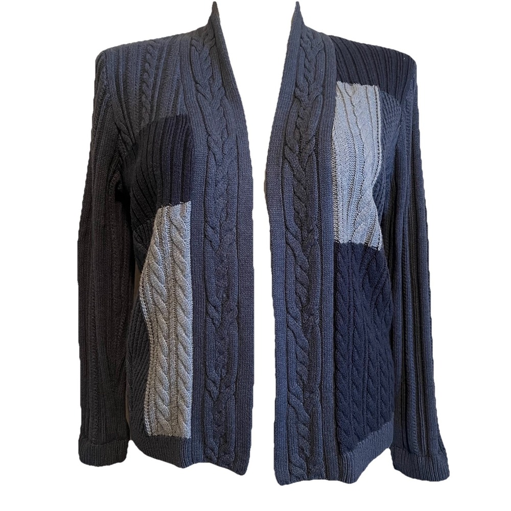 Chaps Cable Knit Patchwork Cardigan XL Shawl Collar Open  Beachy Preppy Cozy‎